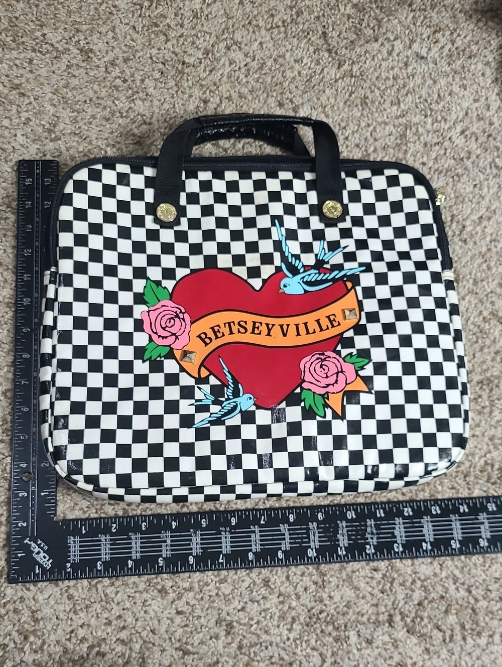 Betsey Johnson Black & White Checkered Laptop Bag with Red Heart Graphic